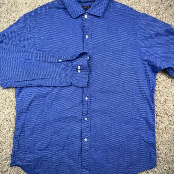Polo Ralph Lauren Shirt Large Blue Geometric Print Button Up Long Sleeve Mens - Picture 2 of 8